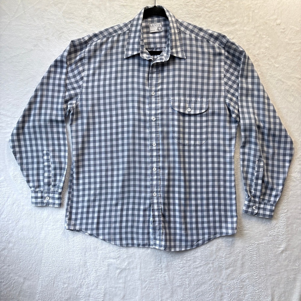 Vtg Levi's Button Down Shirt Men Large Gray Gingham Check‎ Long Sleeve Casual